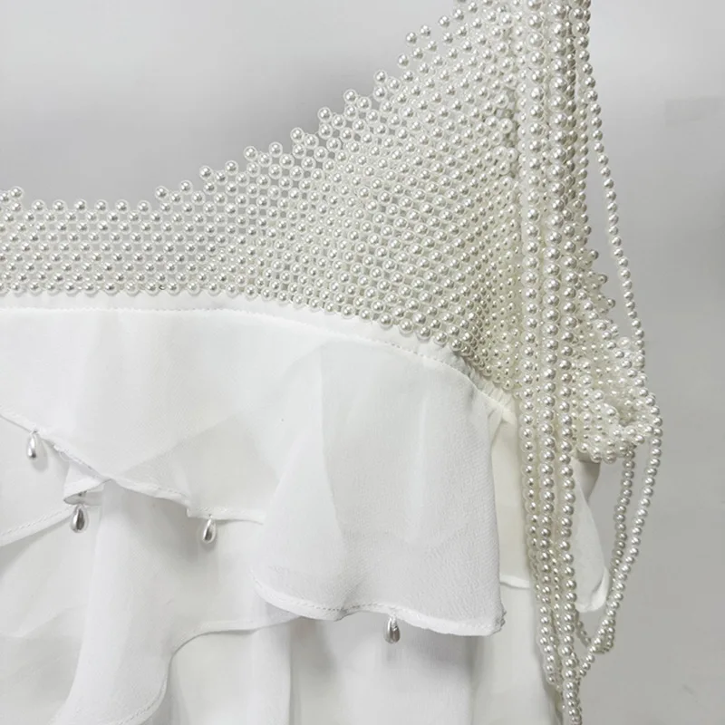 Elegant White Beaded Pearl Chain Strap Tiered Chiffon Maxi Dress Ruffled Evening Party Dresses With High Slit