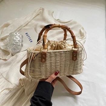 2025 New Straw Woven Bag Vintage Bamboo Versatile Two-Strap Crossbody Shoulder with String Handbag Perfect Vacation Beach Bag