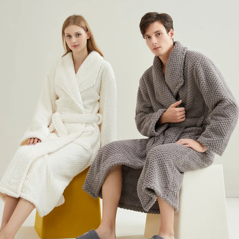 Long Oversize Plush Fleece Robes Big Collar White Warm Sleep Dressing Gown  Winter Luxury Solid Colors Men Home Night Robe