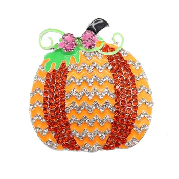 Enamel Orange Pumpkin Brooches Zinc Alloy Silver Tone Halloween Rhinestone Brooch Pin for Gift