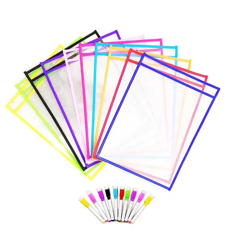 Разные цвета A4 высокое качество бесплатный образец со стирающейся от маркера Pockets10 пакет карманы, классе, организация многоразовые со стирающейся от маркера карманы