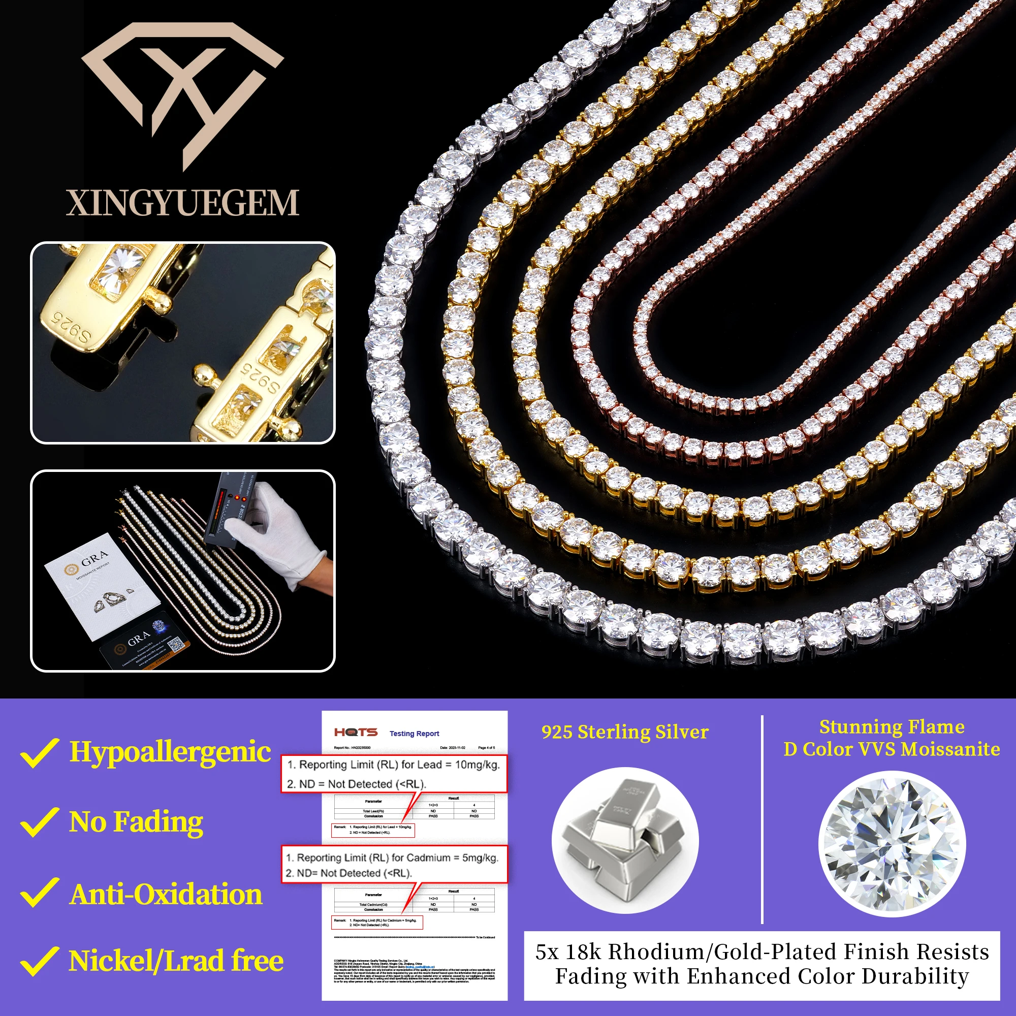 Round Iced Out Hip Hop 2mm 3mm 4mm 5mm 6mm VVS 925 Sterling Silver Diamond Moissanite Tennis Chain Necklace & Bracelet for Women