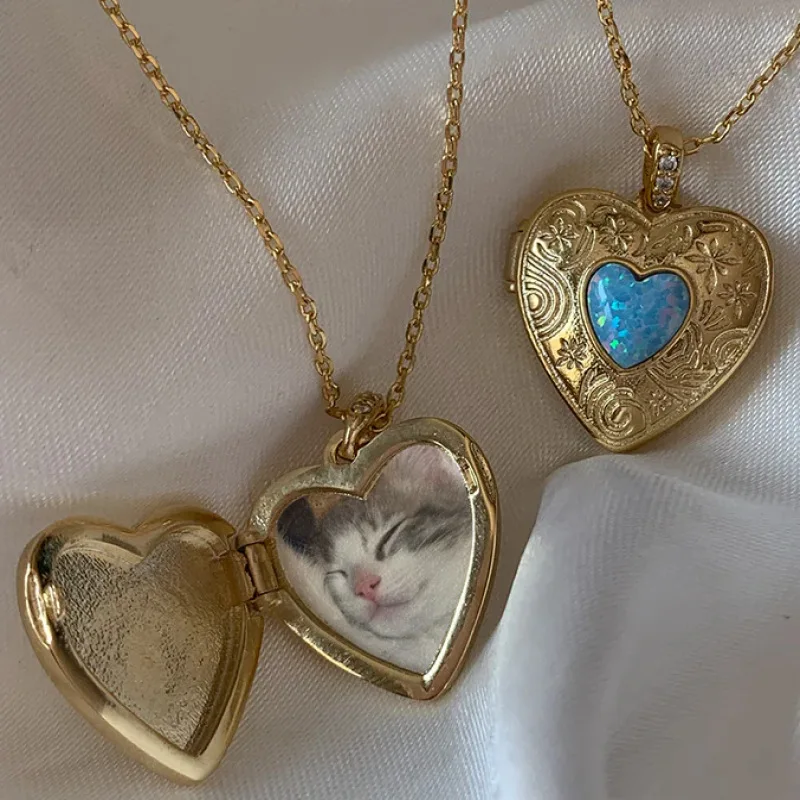 Unique Style INS Real Gold Plating Brass Fake Opal Gemstone Heart Photo Locket Pendant Necklace Fashion