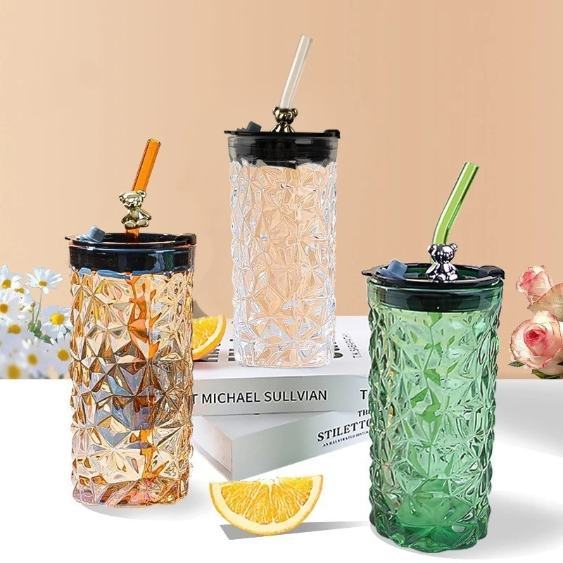 Customizable Eco-Friendly Glass Straw Cup with Lid Novelty Design for Beverages Juices Water Drinking