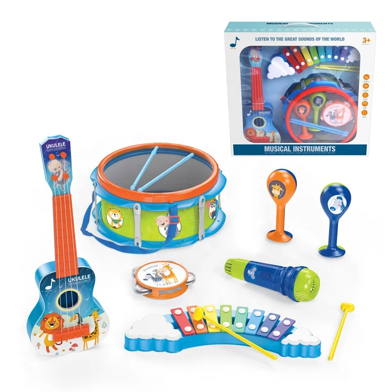 Набор музыкальных инструментов для малышей Обучающие музыкальные игрушки укулеле детский барабан игровой