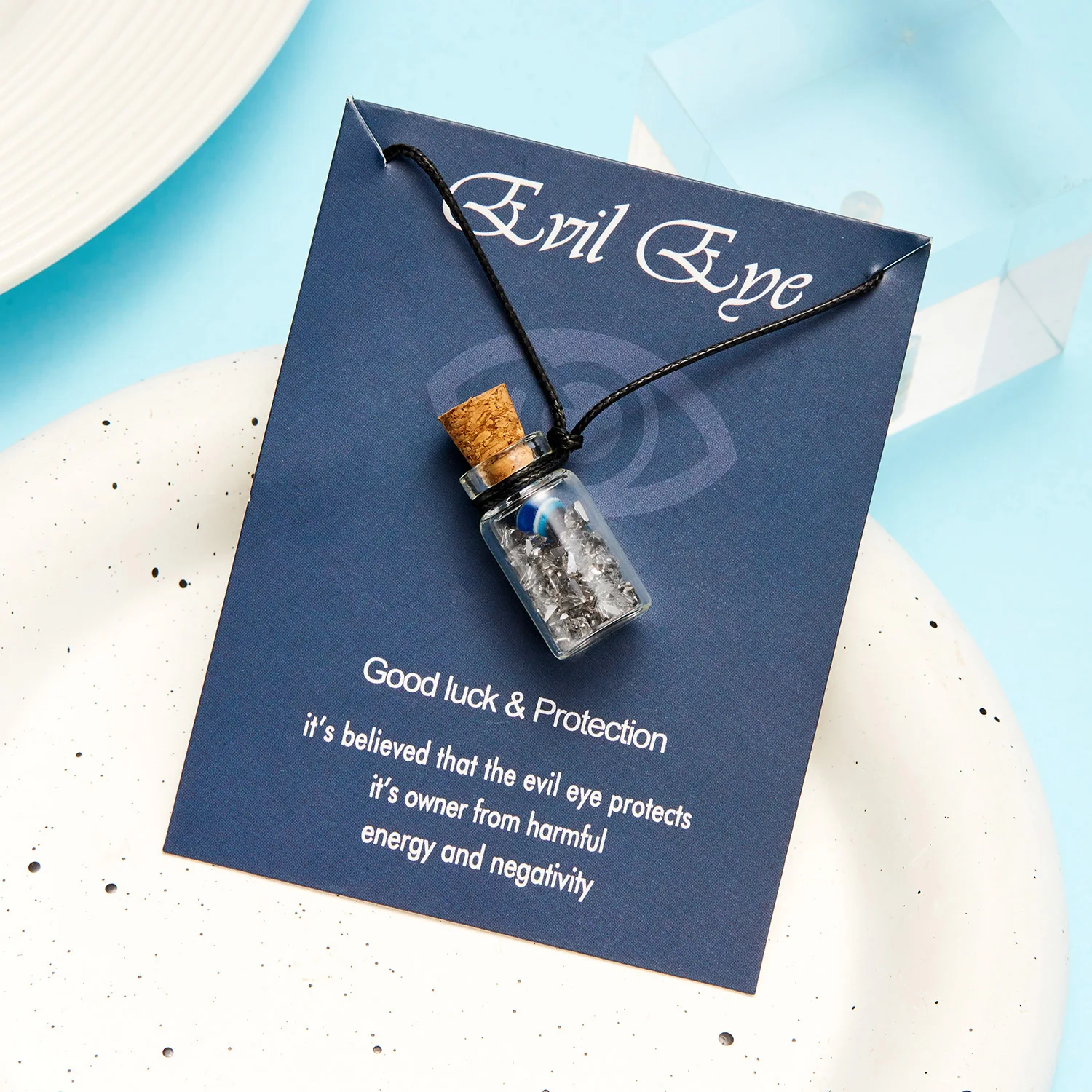 Rinhoo Lucky Sign Evil Eye Necklaces Glass Bottle Blue Eye Beads Pendant Wax Rope Handmade Card Necklace Women Men Jewelry Gift