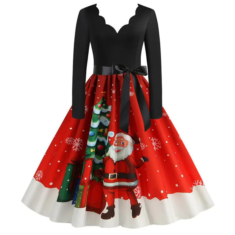 Robe De Noël Femme Manches Longues - Imprimé Festif - Col En V - Pour Fêtes, Soirée, Réveillon
