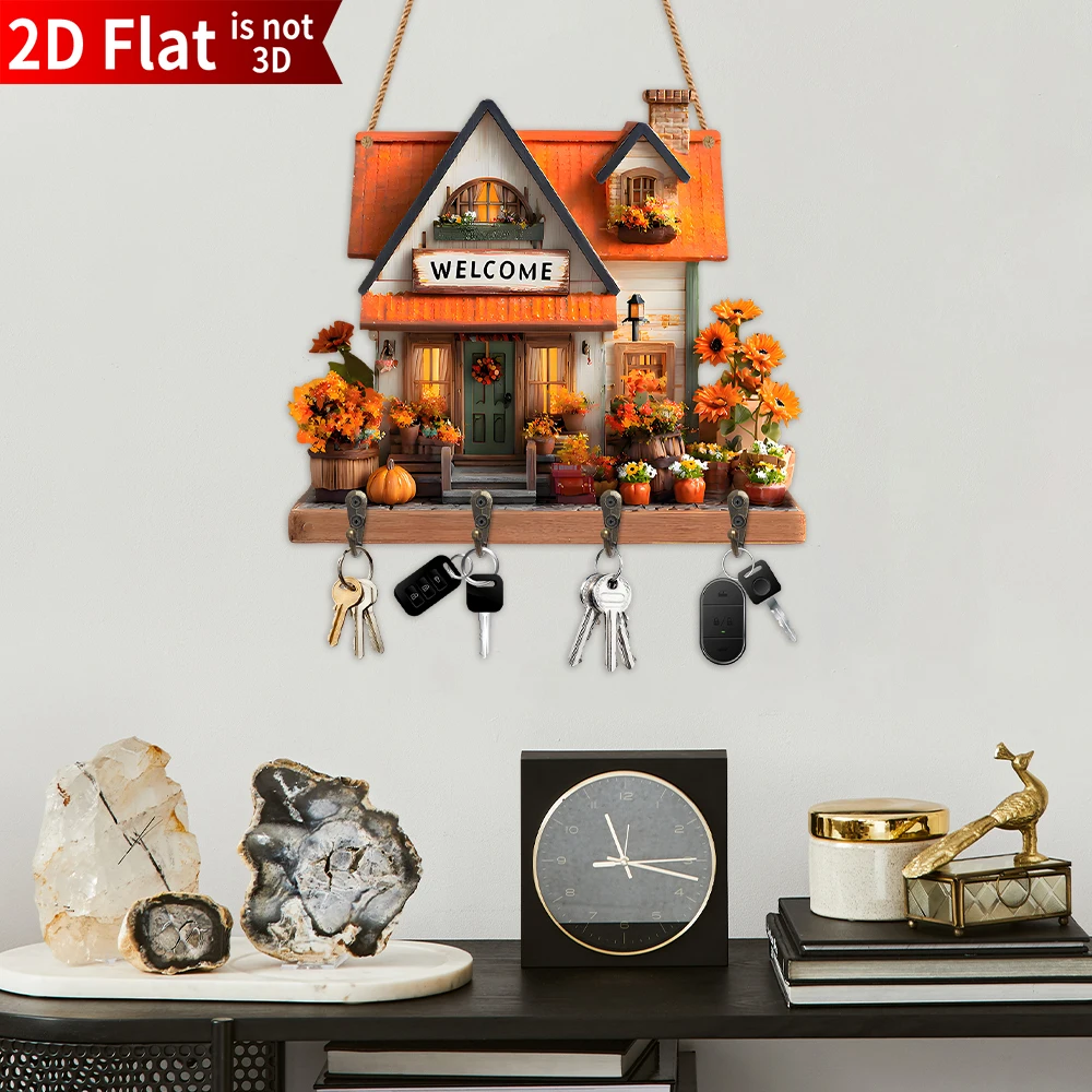 Colorful Floral Town Wood Carving Holder Single-Tier Wall Mounted Key Rack 4 Hooks Easy For Home Decor Tool Organization_voghion.com