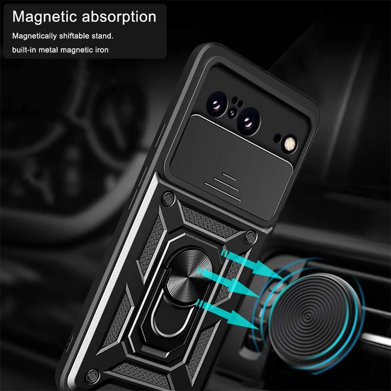 Military Grade Slide Cover Camera Protection Armor Case for Google Pixel 8 Pixel 9 Pro 8A 7A 7 Ring Stand Case