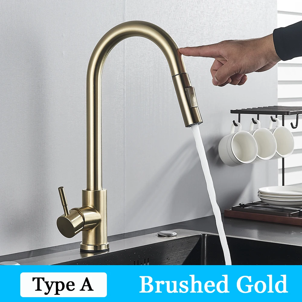Touchless Kitchen Sink Taps Sensor Automatic Sensor pullout Mixer Faucet Gold 