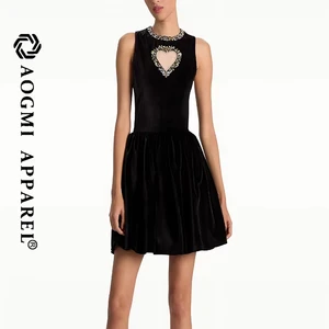 Haute Couture Fashion Ladies Sleeveless A-Line 100% Cotton Satin Eco-Friendly Heart Diamond Trim Charm Hollow Rhinestone Dress