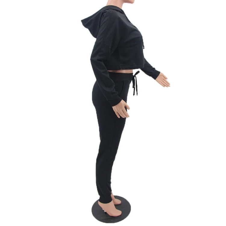 high quality fashion pullover cropped hoodie set solid color womens sweatshirt set