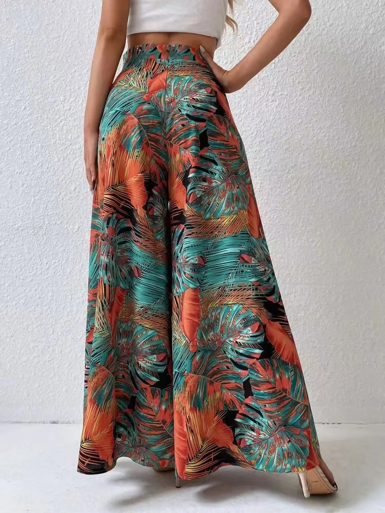 Chic Summer High Waist Pleated Floral Chiffon Beach Pants for Women