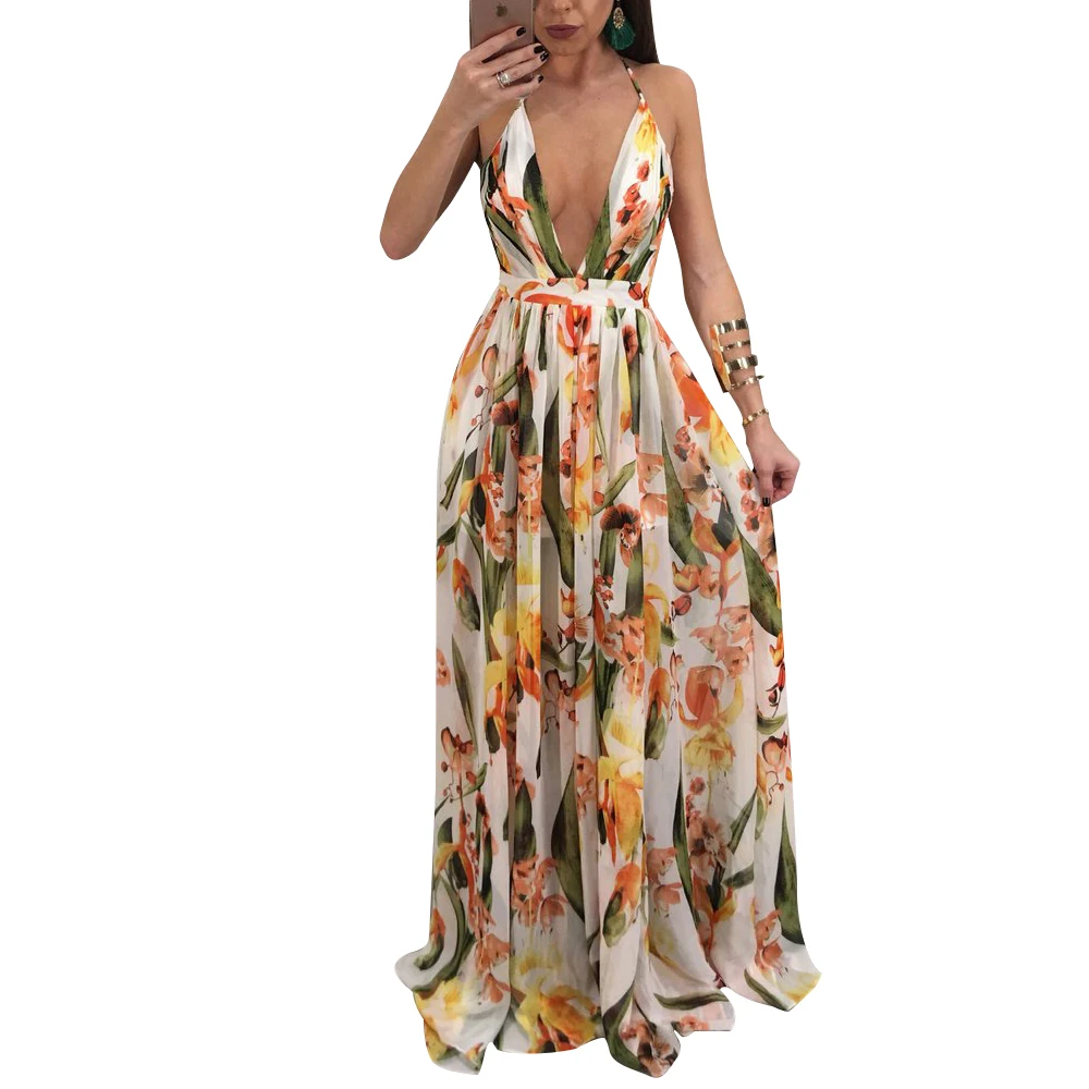 Print Floral Loose Boho Deep V Neck Backless Long Women Dress  Maxi Dresses  Sexy Back Cross Beach Summer Dress