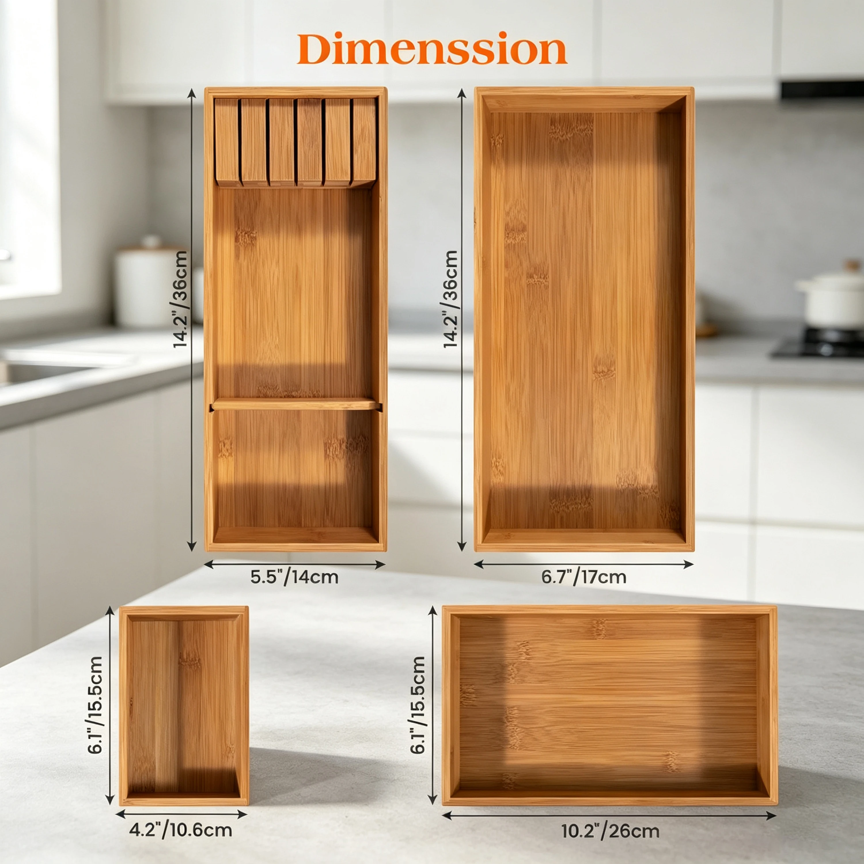 product bamboo drawer organizer 4 piece set carbonized non slip extra deep kitchen cutlery utensil storage tray silverware knife holder-3