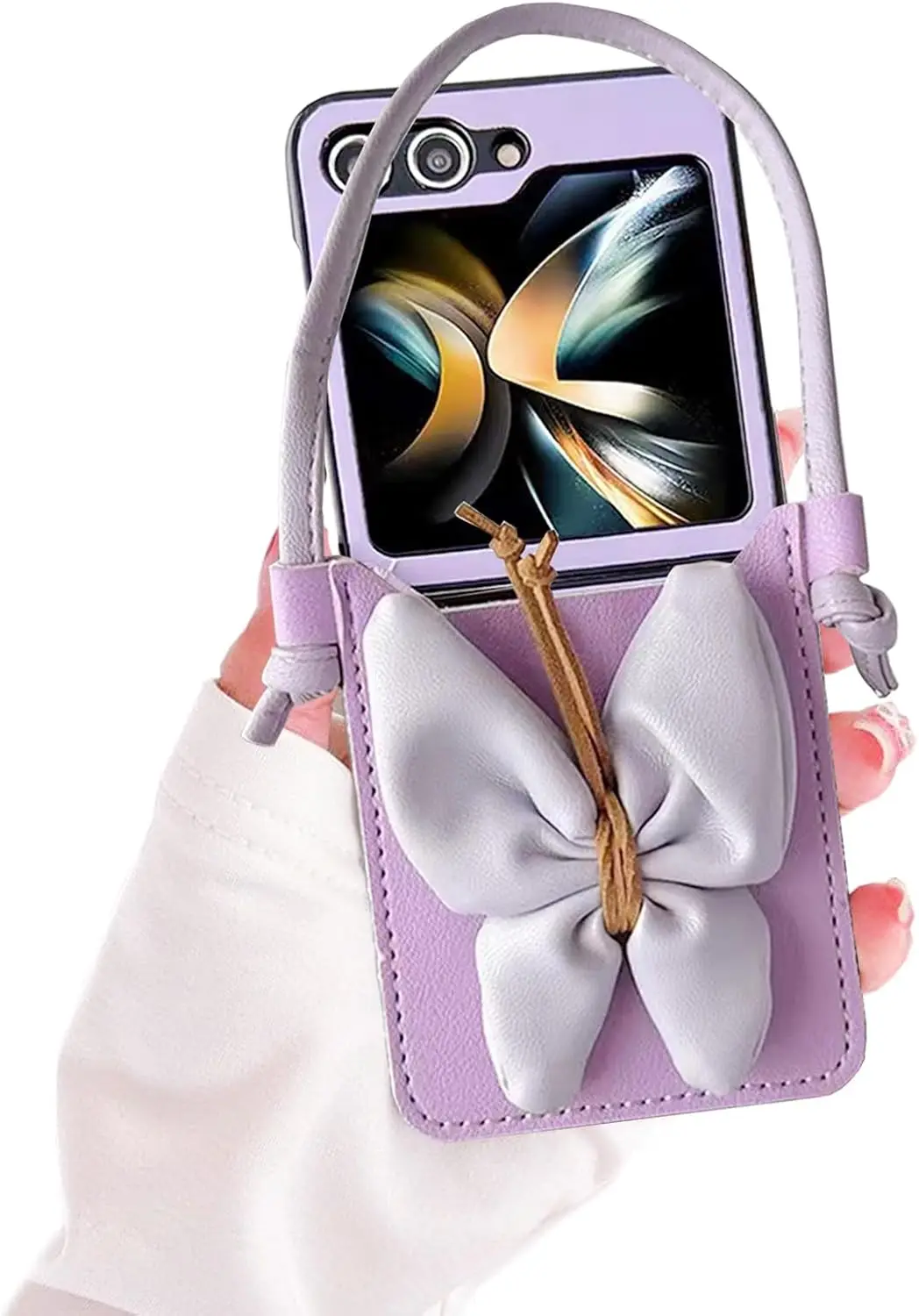 Cute Case for Samsung Galaxy Z Flip 6 5 with Wrist Lanyard Butterfly Card Holder Leather Protective Full Protections Covers supplier