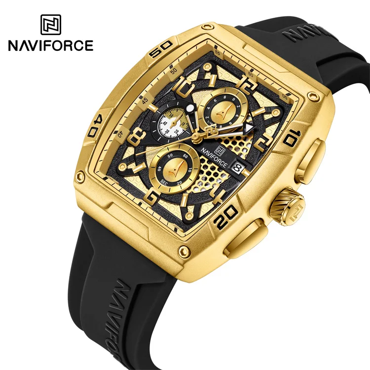 NAVIFORCE 8052 GGB Gold Luxury Quartz Watch for Men with Barrel Shaped case  Fumed Silica Sport Chronograph Wristwatch