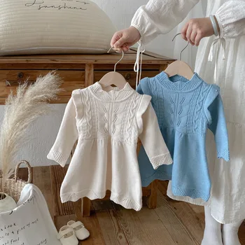Ins Style Korean Version Girls Autumn and Winter Warm Baby Dresses Woolen Toddler Sweater Knitted O-Neck Collar Girl Skirts