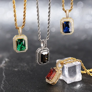 KRKC 18k Gold Ruby Zodiac Gemstone Necklace Iced Out 5A CZ Diamond Hip Hop Jewelry Wholesale Emerald Birthstone Necklace Pendant