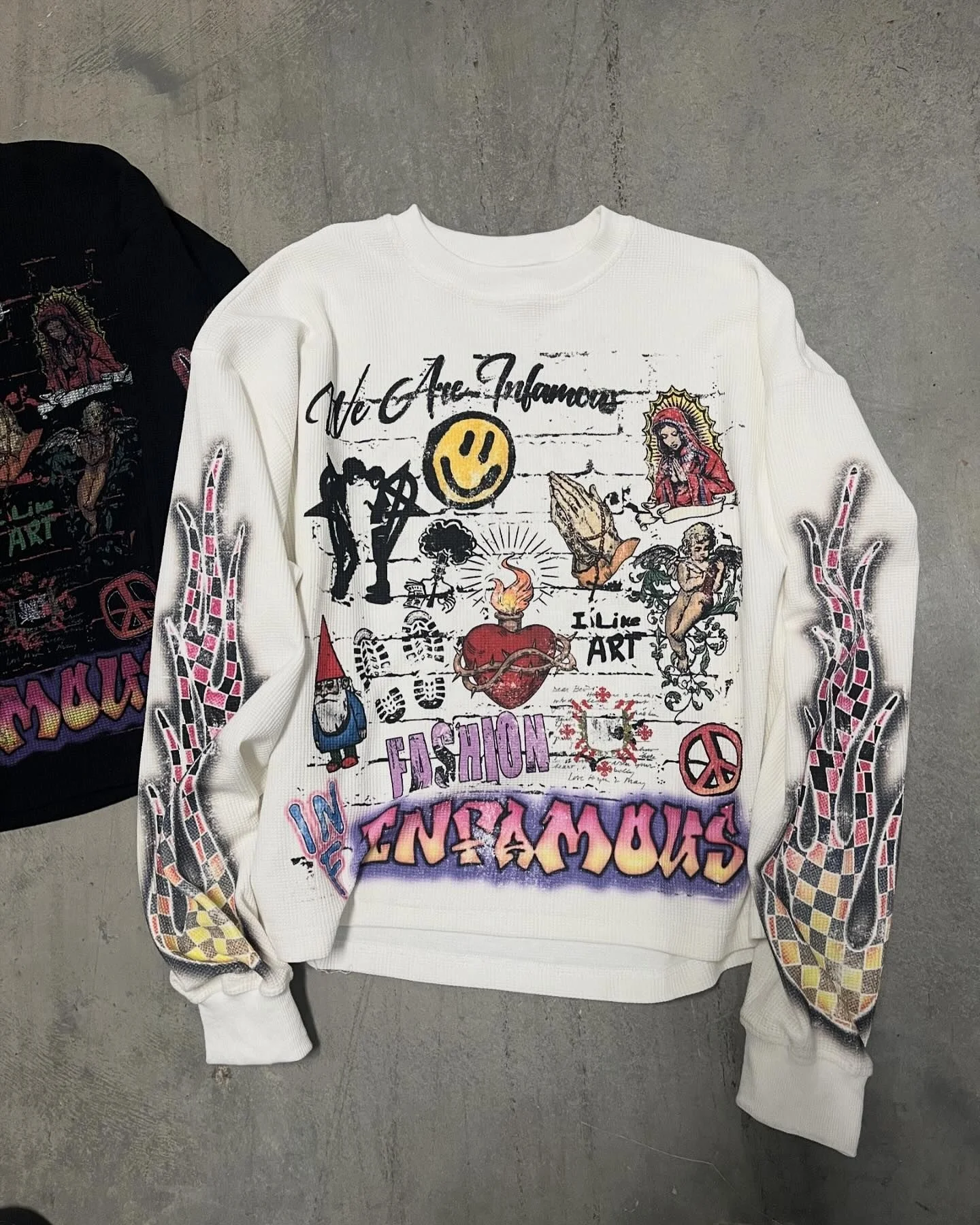 Salati Custom Wholesale Longsleeve Screen Printed Graffiti T-shirt Waffle Knitted Tee Oversized Thermal Long Sleeve T Shirts Men