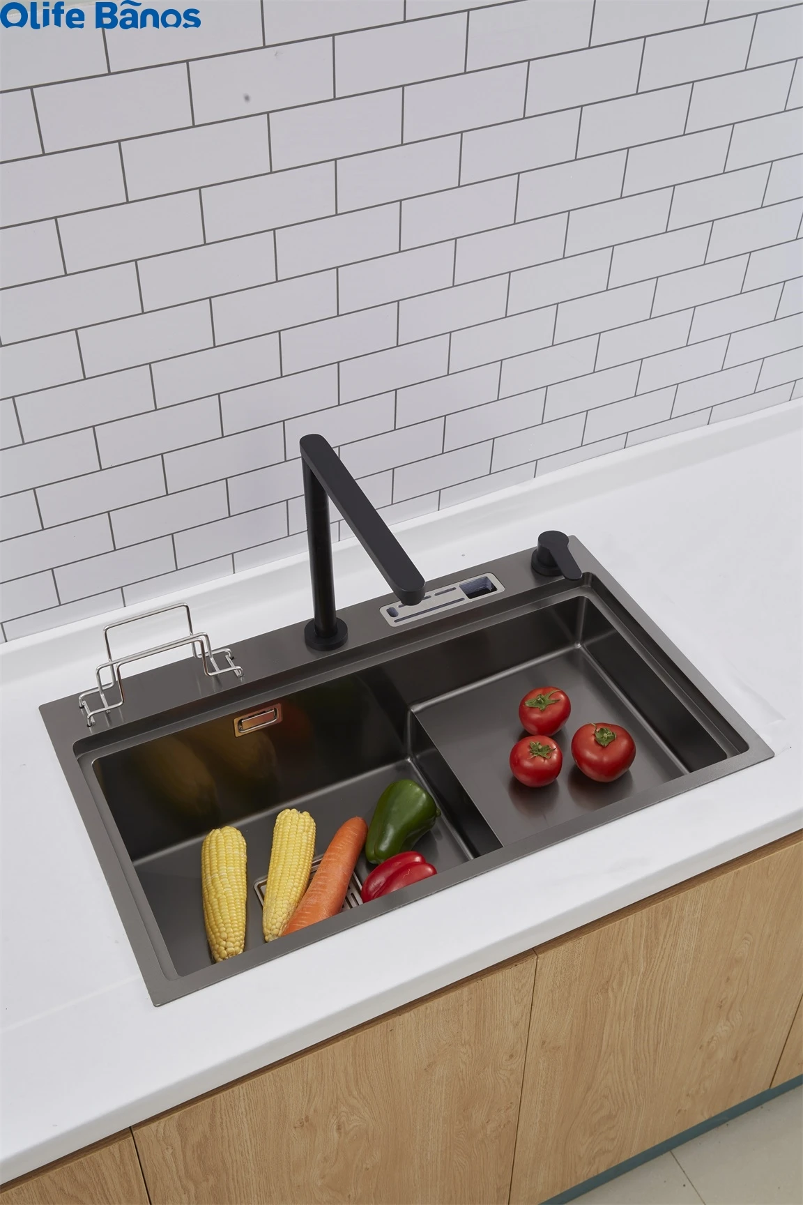 Olife Banos 304 stainless steel black stepped nano large single slot bowl cup dishwasher workstation kitchen sink details