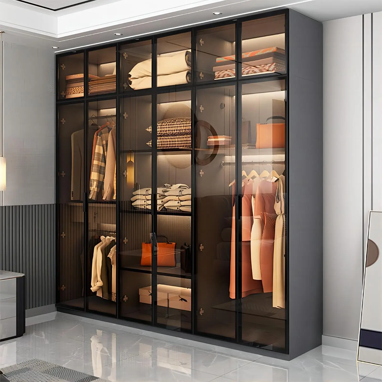 Kejia Modern Sliding Wardrobe Design with Glass Doors - Customized Aluminium  Walk-In Closet for Bedroom Storage Solutions, image size:1600x1600