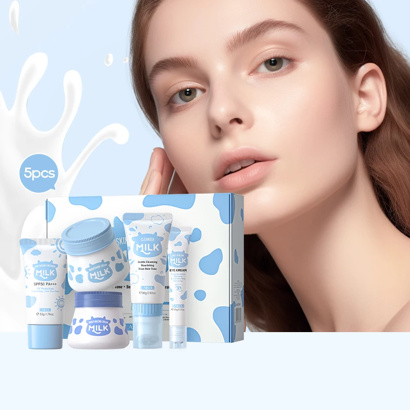 Moisturizing Reduce Fine Lines Brighten Skin Tone Face Care Toner Cream Cleanser Serum 5-PCS LAIKOU MILK SKINCARE SET