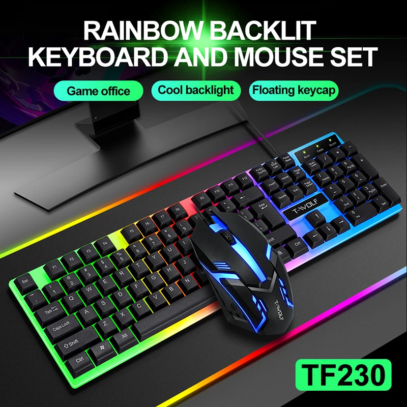 Wholesale T-WOLF TF230 Russian Arabic Led Gaming Keyboard Mouse Combos Wired Backlit Gam aperçu 2