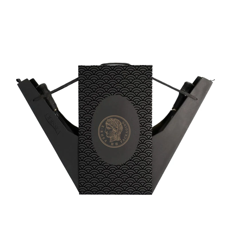 Handmade-Made Leather Paper double side open Champagne Wine Folding Box Matt Lamination and UV Coating for Wine Packaging