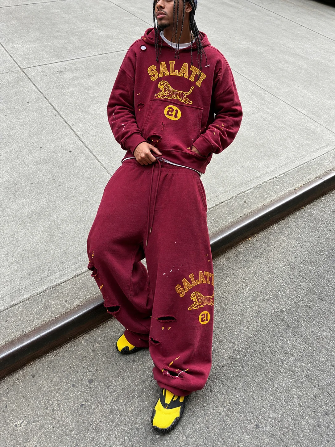 Manufacturer Y2K Men Casual Tracksuit Distressed Hoodie Baggy Wide Leg Sweatpants Boxy Heavy Cotton Fleece Streetwear Wash OEM gallery 4