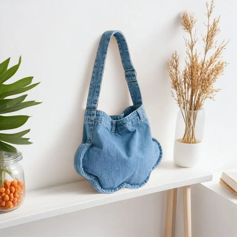 Korean Custom Cute Flower Shaped Washed Denim Mobile Phone Shoulder Bag Leisure College Student Class Travel Shopping Handbag