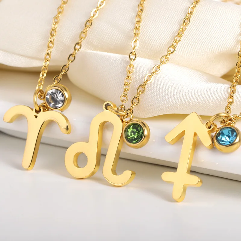 New Gold Color Colorful Birthstone Zodiac Sign Necklace Stainless Steel Pendant