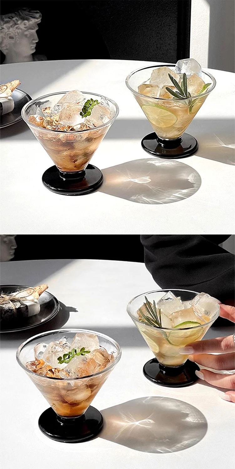 Unique Funell Shaped Clear Martini Glass Stemless Black Flat Bottom Ice Cream Cups Juice Cocktail Martini Wine Glasses Weddin
