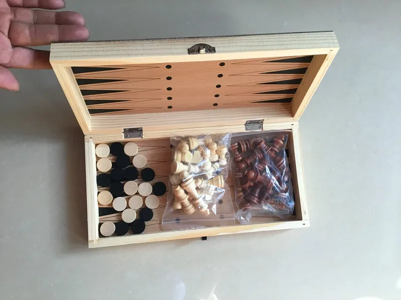 Wooden Chess Game Set 3 in 1 Checkers Chess Backgammon Travel Chess Set Foldable Chessboard