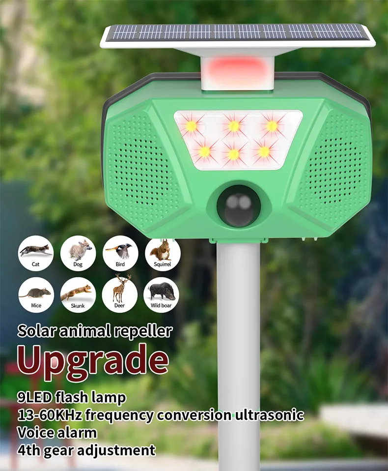 SAIJZEK New Design OEM outdoor waterproof IP66 solar powered ultrasonic marten cat repeller device wild animal repeller supplier