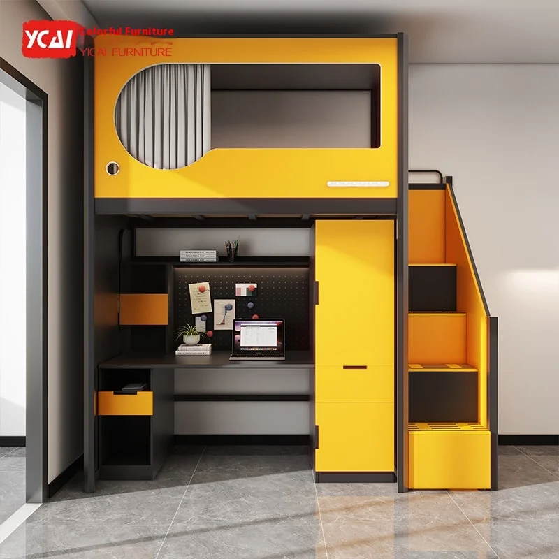 Modern Iron Panel Bed School Dormitory Apartment Loft Bunk Bed with Desk