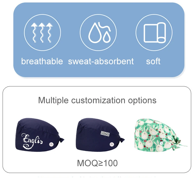 Custom logo Surgical Cap Straps With Buckle Surgical Oral Dental Work Cap Cotton Printed Nurse Cap