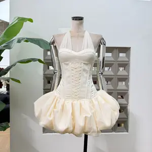 Bettergirl High Quality 2026 New Fashion Birthday Party White Party Dress Mesh Halter Pleated Short Women Dress