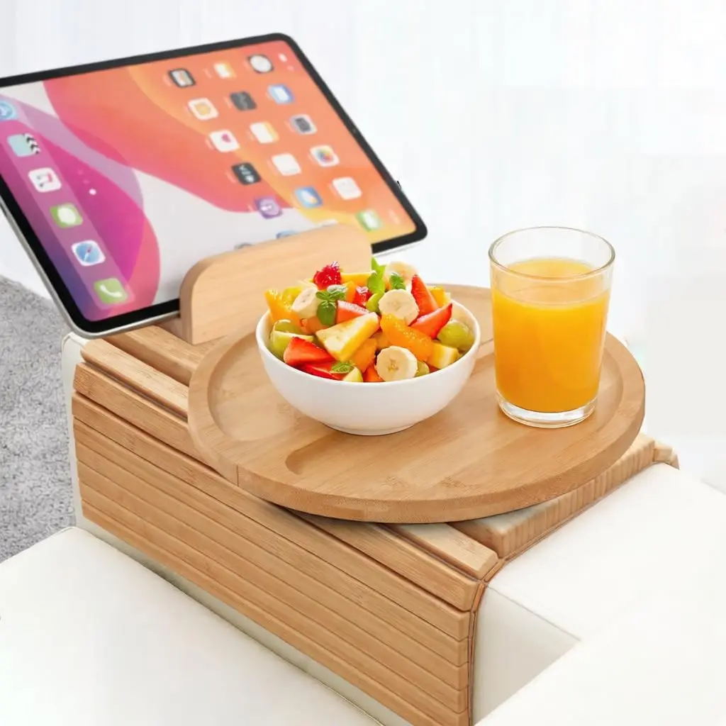 product bamboo sofa armrest tray foldable couch arm table 2 in 1 magnetic rotating couch side tray  sofa arm snack drink tray anti slip-2