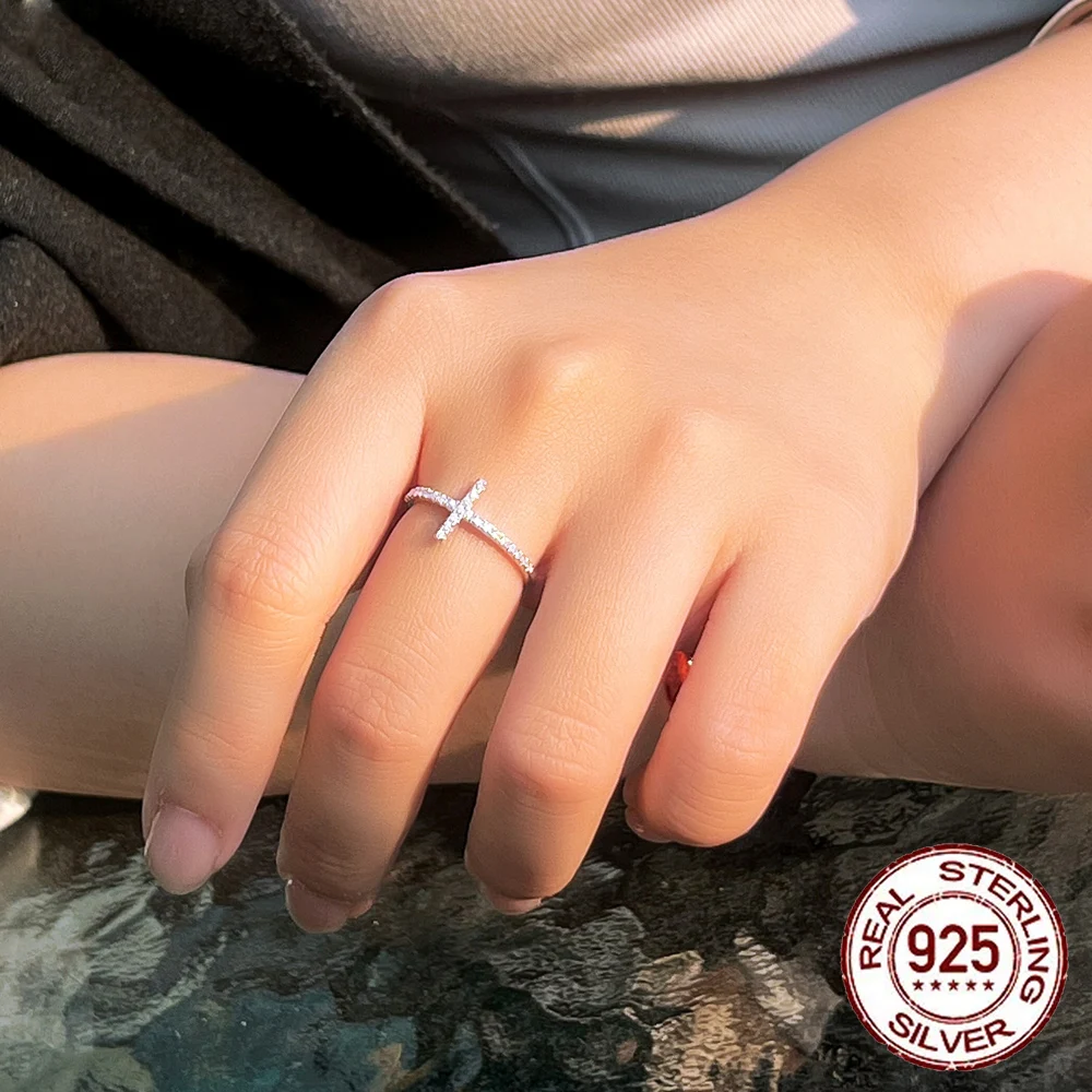 Exquisite Jewelry S925 Sterling Silver Faith Hope Love Sideways Cross Ring  Cubic Zircon Stackable Finger Engagement Rings Women