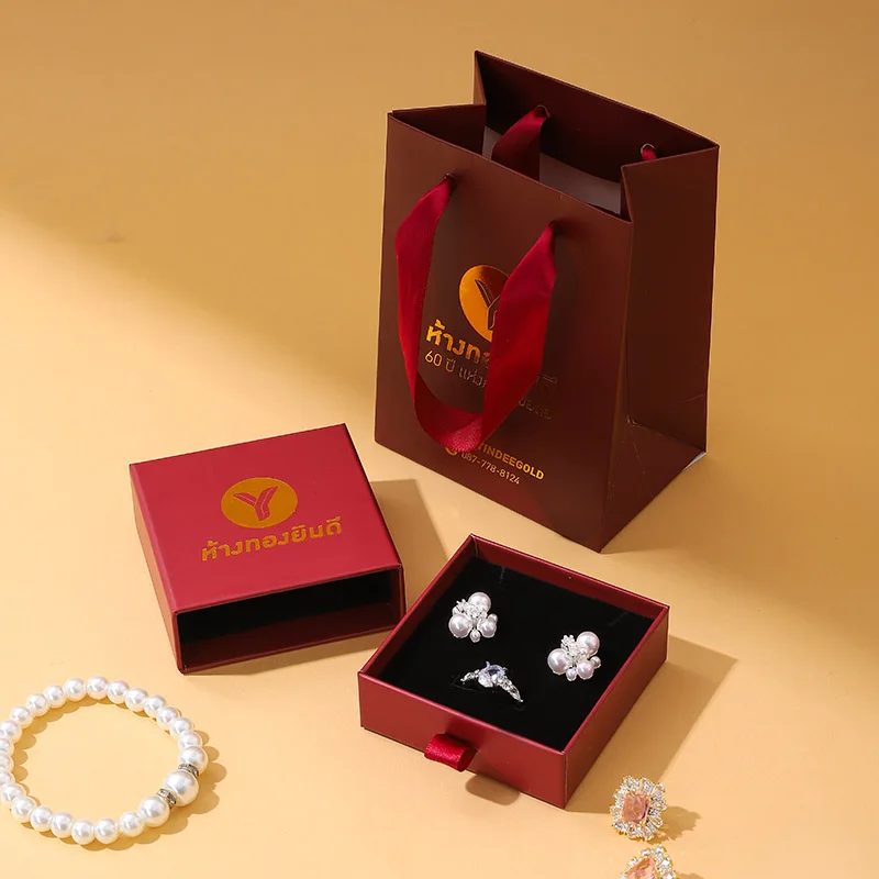 Wholesale Luxury Square Jewelry Packaging Set Cardboard Paper Gift Bag Ring Earring Drawer Box with Custom Logo