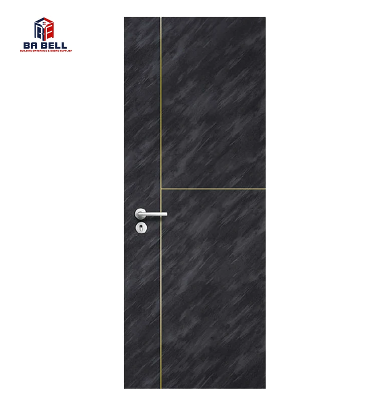 Light Gray Italian Style Simple Design Wooden Golden Metal Strip Doors Light Color Laminated Flush Internal Swing Interior Door
