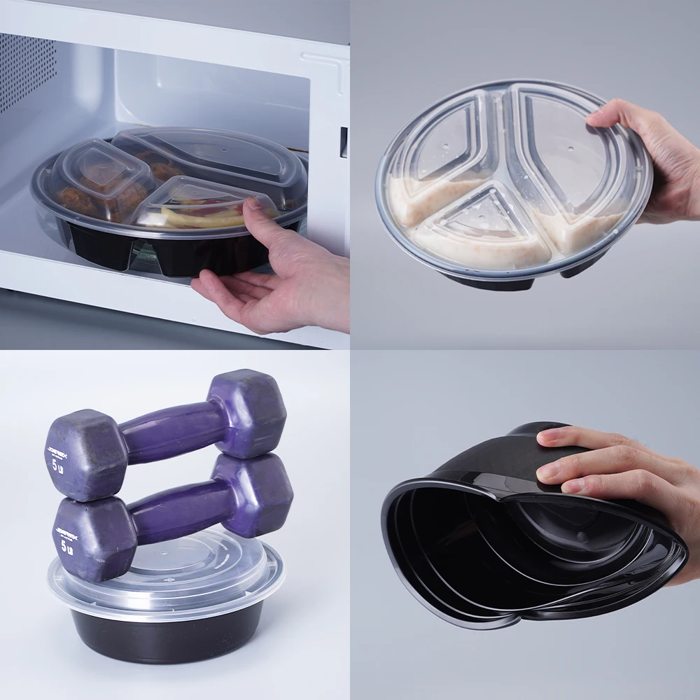 LR 48OZ Round Microwave Safe Disposable Plastic Food Container Black Take Out Meal Prep Plastic Box Food With Lids