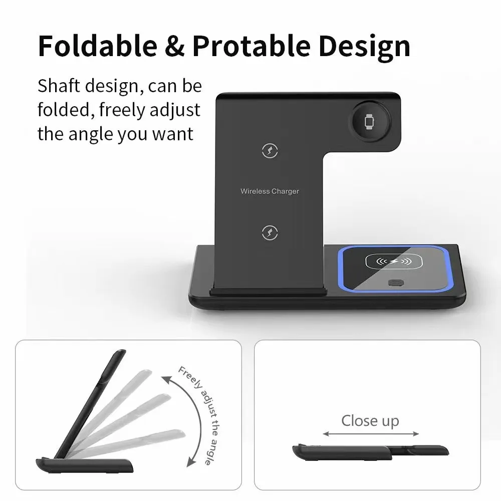 X455 Foldable Wireless Charger Stand 3 in 1 Desktop Wireless Mobile Phone Charger Stand for iPhone Apple Watch Charging Stand