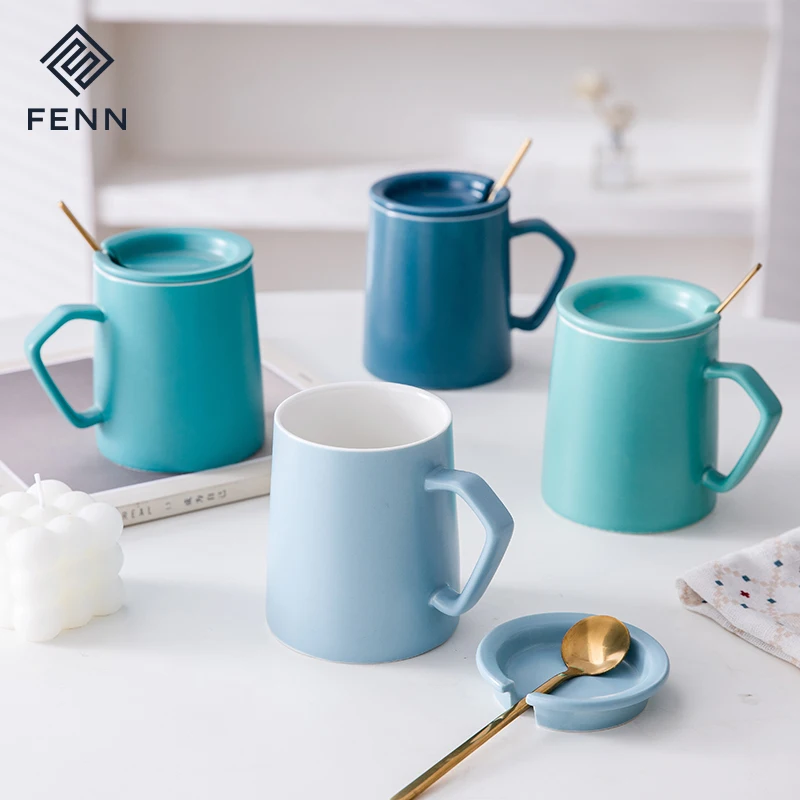 FENN Home Office Used Blue Color Unique Handle Porcelain Mug 350ML Matte Glaze Ceramic Coffee Water Mugs Cups With Lid