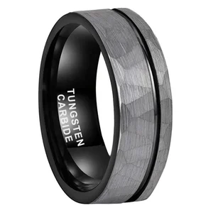 Coolstyle Jewelry 8mm Hammered Offset Line Black Tungsten Carbide Ring for Men Women Fashion Engagement Wedding Band Comfort Fit