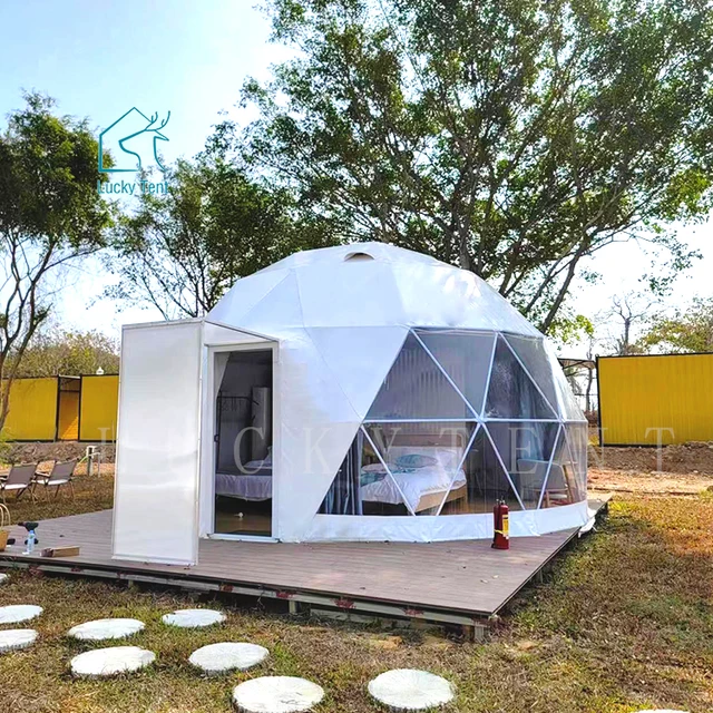 20ft Luxury PVC Geodesic Dome Tent Long Service Life Dome Accessories With Bathroom Glass Door