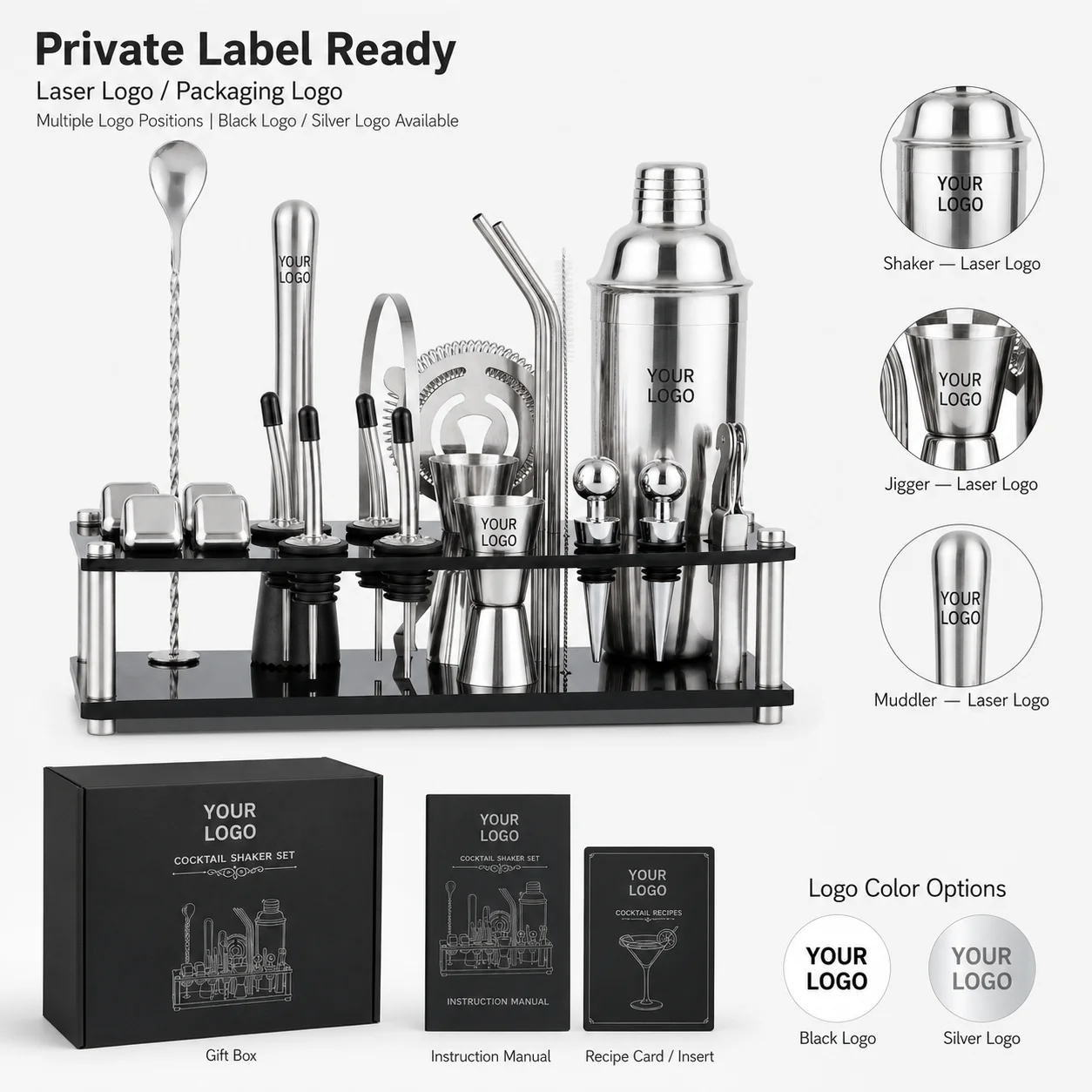 ODM OEM Custom Logo 22 Piece Bartender Kit 700ml Cocktail Shaker Set Stainless Steel Barware Tools With Acrylic Display Stand