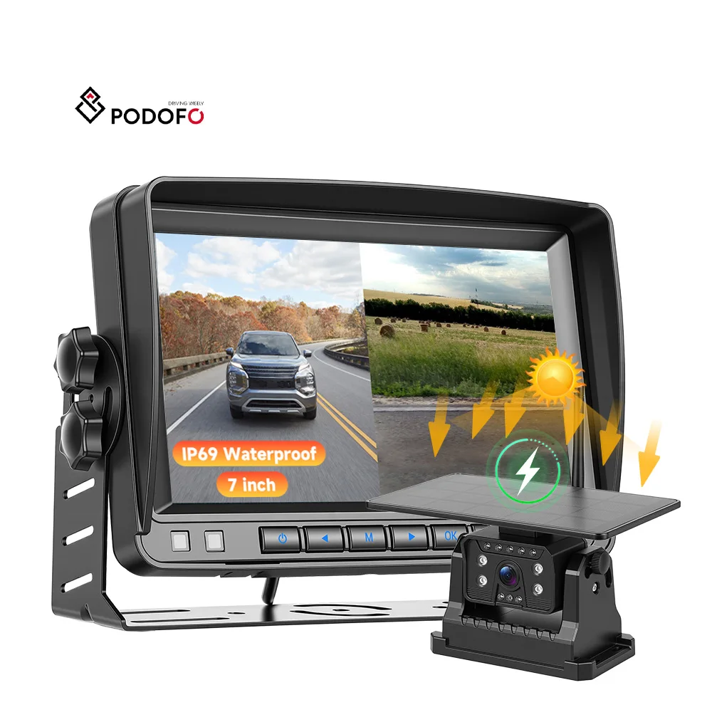 Podofo 7'' IPS HD Display Wireless Solar Backup Camera Magnetic Base Car Rear View Camera Kit Waterproof DVR for Truck/ Bus A4556