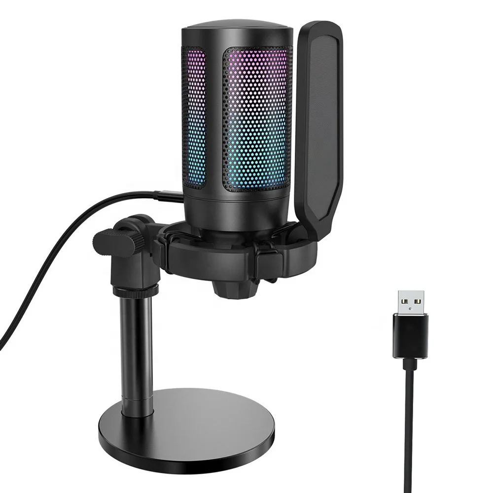 Factory Wholesale Professional Studio Recording Desktop USB Podcasting Live Stream RGB Gaming Condenser Microphone for Karaoke